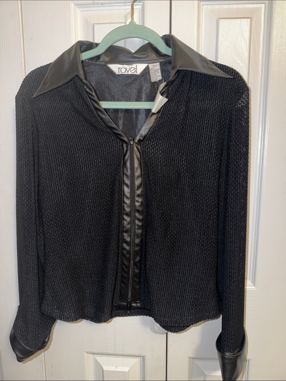 ravel Black Knit Jacket with Faux Leather Collar and Trim